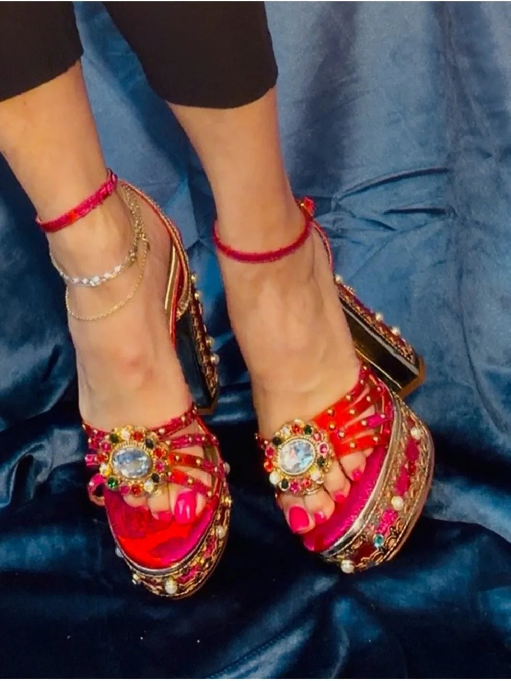 Red Jeweled Platform Sandals with Ankle Strap and Gem Accents